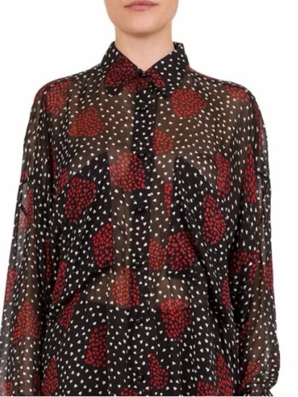 The Kooples Black Sheer Button-Down Blouse with Red Heart Motif